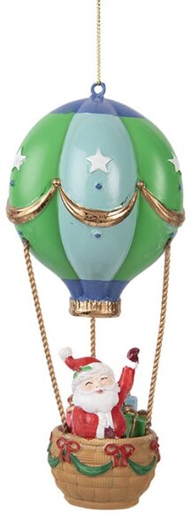 Závěsná vánoční dekorace veselý Santa Claus v modro-zeleném horkovzdušném balonu – 8x18 cm