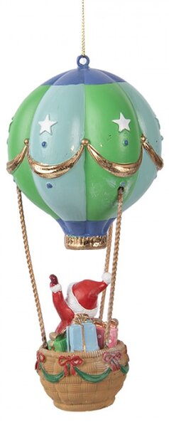Závěsná vánoční dekorace veselý Santa Claus v modro-zeleném horkovzdušném balonu – 8x18 cm