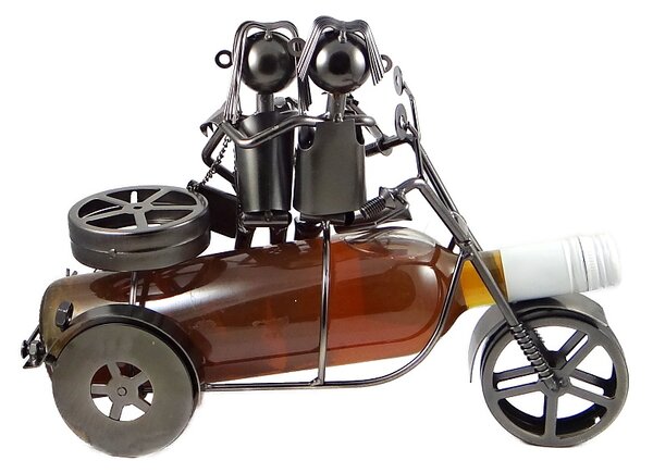 Kovový stojan na víno Zamilovaný pár na motorce 34 cm – romantická dekorace na láhev vína