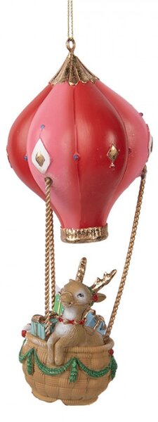 Závěsná vánoční dekorace veselý sob v červeném horkovzdušném balonu – 7x17 cm