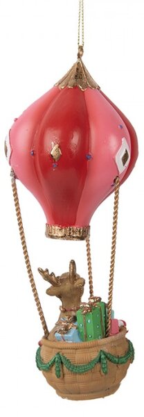 Závěsná vánoční dekorace veselý sob v červeném horkovzdušném balonu – 7x17 cm