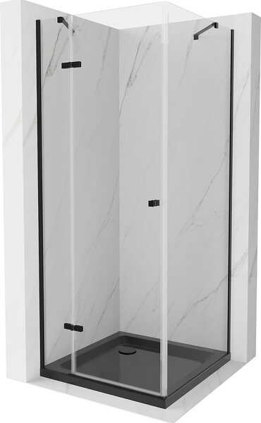 Mexen Roma, sprchový kout s 1-křídlými dveřmi 80 (dveře) x 80 (stěna) cm, 6mm čiré sklo, černý profil, slim sprchová vanička 5cm černá s černým…