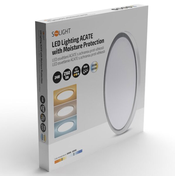 Solight LED osvětlení Acate s ochranou proti vlhkosti, IP54, 24W, 2160lm, 3CCT, 30cm, stříbrná WO826