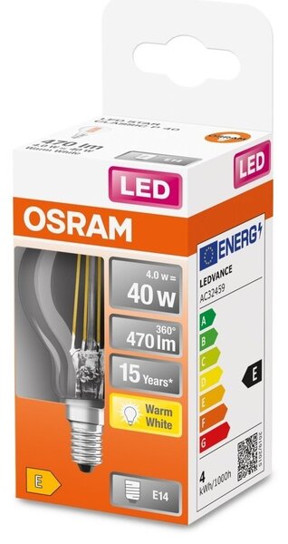 Průhledná LED žárovka E14 4 W CLASSIC P, teplá bílá