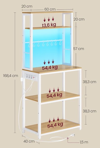 SONGMICS Kuchyňský regál s integrovanou napájecí lištou a LED osvětlením Vasagle Cinty 60 cm bílý/hnědý