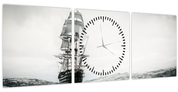 Obraz - Loď plující po oceánu (s hodinami) (90x30 cm)