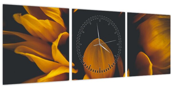 Obraz - Slunečnice v černém pozadí (s hodinami) (90x30 cm)