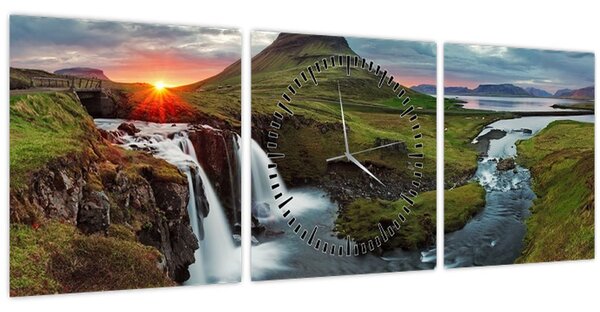 Obraz - Kirkjufell při západu slunce (s hodinami) (90x30 cm)