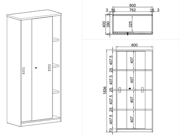 Skříň zasouvací ARRISTO LUX, 800 x 400 x 1836 mm, bříza