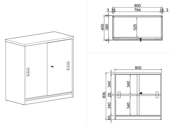 Skříň zasouvací ARRISTO LUX, 800 x 400 x 836 mm, bříza