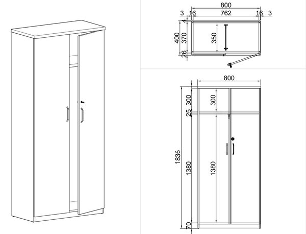 Šatní skříň s výsuvem ARRISTO LUX, 800 x 400 x 1836 mm, bříza