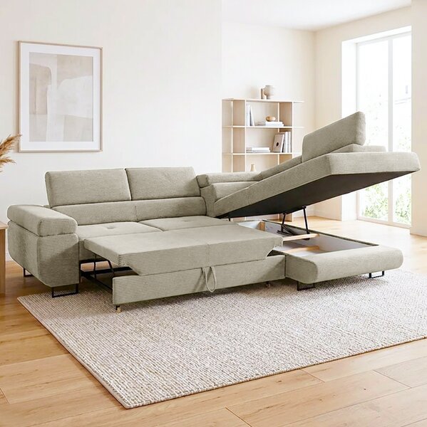 Sedací souprava GREIZ | 275x203 cm | pravá | rozkládací + úložný prostor | lincol 04D světle béžová | 3D manšestr