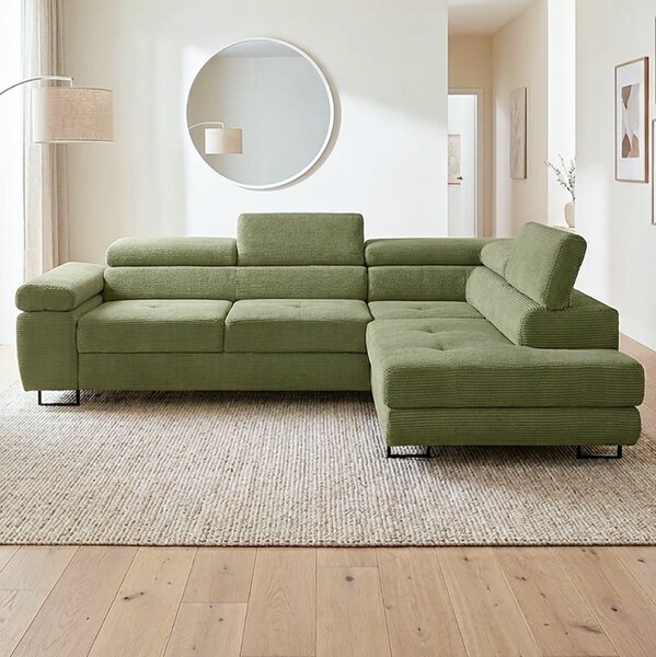 Sedací souprava GREIZ | 275x203 cm | pravá | rozkládací + úložný prostor | lincol 37D olivová zelená | 3D manšestr