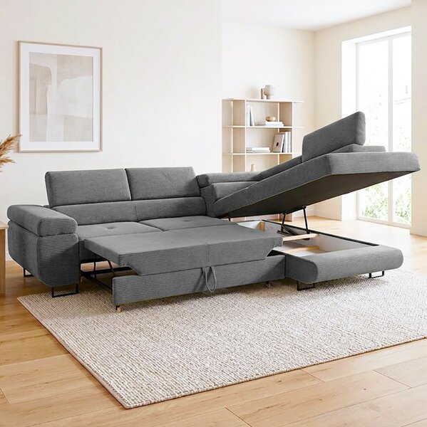 Sedací souprava GREIZ | 275x203 cm | pravá | rozkládací + úložný prostor | lincol 85D šedá | 3D manšestr