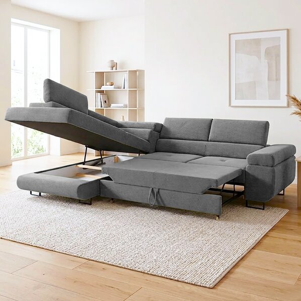 Sedací souprava GREIZ | 203x275 cm | levá | rozkládací + úložný prostor | lincol 85D šedá | 3D manšestr