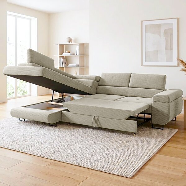 Sedací souprava GREIZ | 203x275 cm | levá | rozkládací + úložný prostor | lincol 04D světle béžová | 3D manšestr