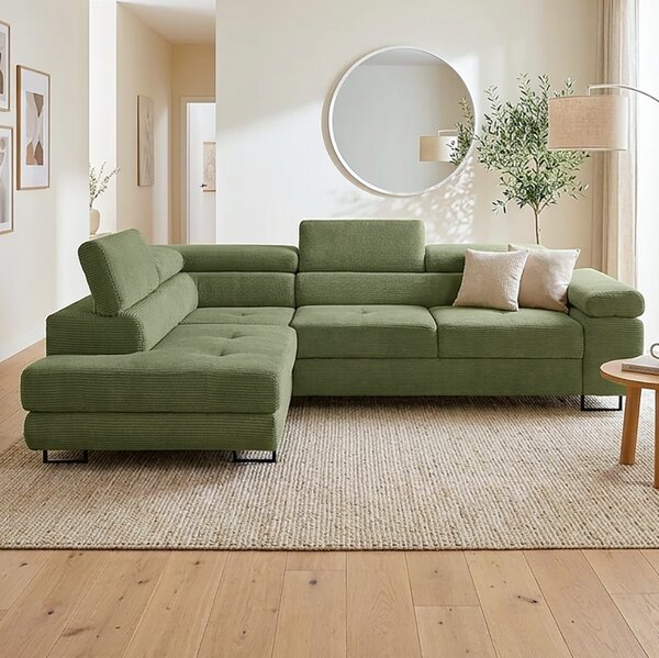 Sedací souprava GREIZ | 203x275 cm | levá | rozkládací + úložný prostor | lincol 37D olivová zelená | 3D manšestr