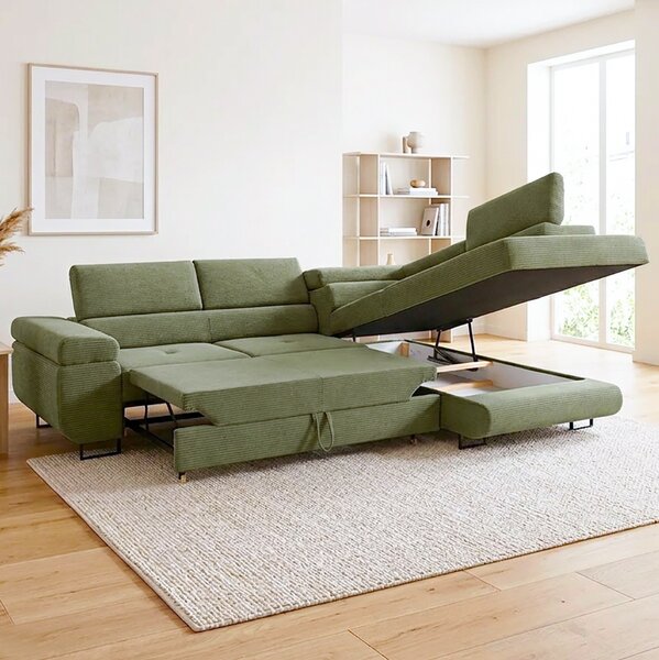 Sedací souprava GREIZ | 275x203 cm | pravá | rozkládací + úložný prostor | lincol 37D olivová zelená | 3D manšestr