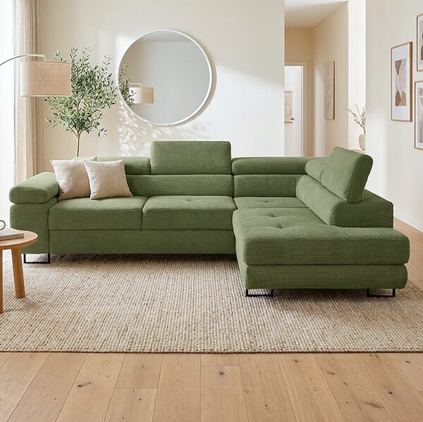 Sedací souprava GREIZ | 275x203 cm | pravá | rozkládací + úložný prostor | lincol 37D olivová zelená | 3D manšestr