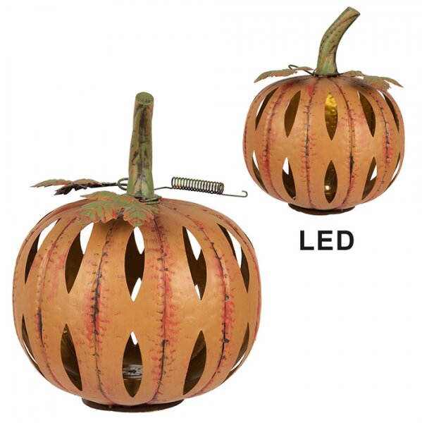 Oranžová kovová dekorace dýně s LED světlem pravidelného tvaru – 28x34 cm