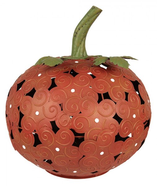 Oranžová kovová dekorace dýně s LED světlem se zelenými lístky – 34x38 cm