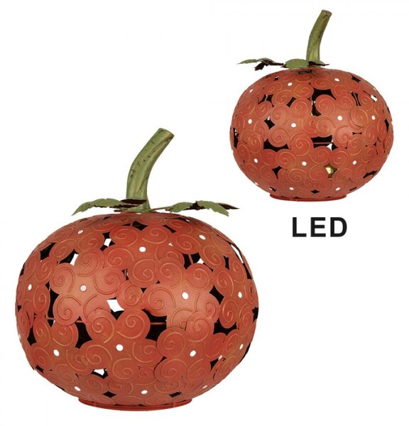 Oranžová kovová dekorace dýně s LED světlem se zelenými lístky – 34x38 cm