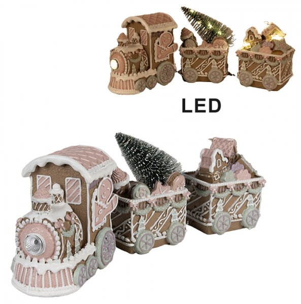 Vánoční dekorace s LED světlem hnědý vláček vezoucí perníčky a stromeček – 30x7x12 cm