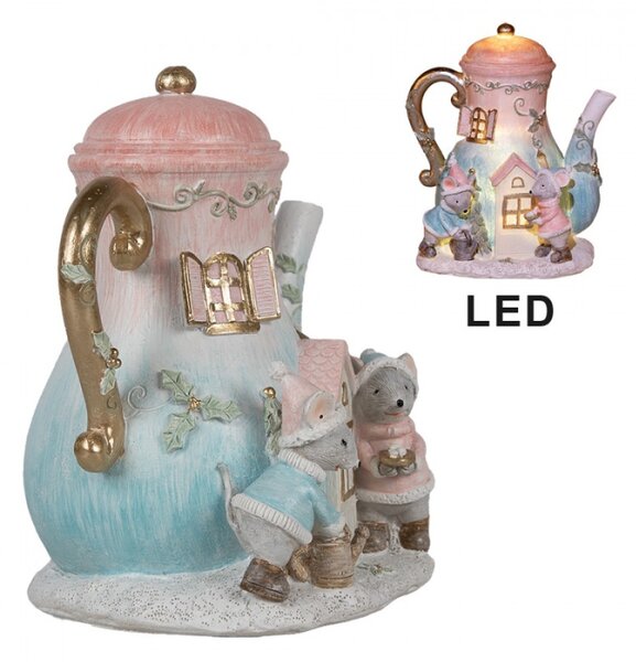 Vánoční dekorace s LED světlem růžovo-modrá konev s myškami – 15x12x16 cm
