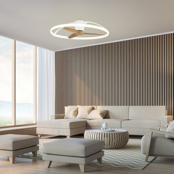 Inteligentní stropní ventilátor LED Nepal, bílý/buk, DC – Mantra Mantra Iluminación, Nepal, stmívatelné, Dřevo, Obývací pokoj, Kov, Moderní