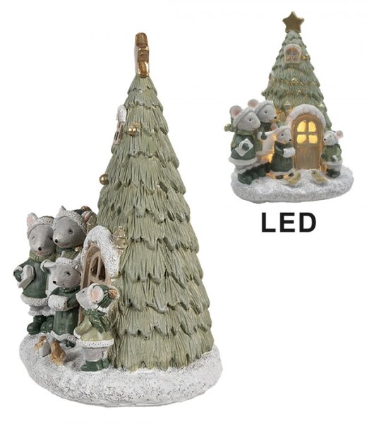 Vánoční dekorace s LED světlem zelený domeček ve tvaru stromečku se čtyřmi myšičkami – 12x11x17 cm