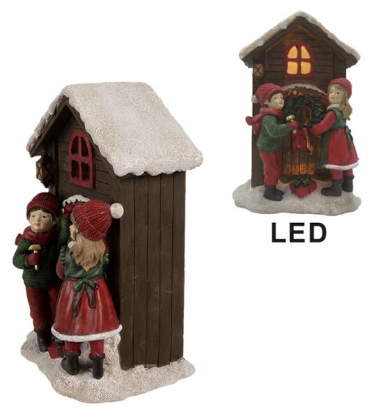 Vánoční dekorace s LED světlem hnědý domeček s dětmi věšící vánoční věnec – 13x10x20 cm