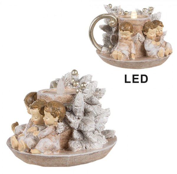 Hnědá vánoční dekorace s LED světlem tři andělíčci na svíčce s lístky – 14x13x10 cm