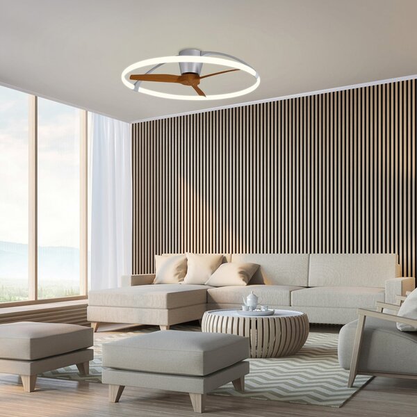 Inteligentní stropní ventilátor LED Nepal, stříbrný/ořech – Mantra Mantra Iluminación, Nepal, stmívatelné, Dřevo, Obývací pokoj, Kov, Moderní