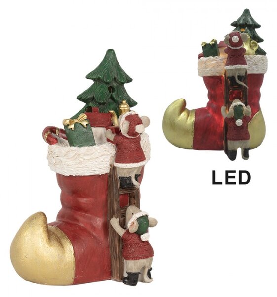 Vánoční dekorace s LED světlem červeno-zlatá vánoční ponožka plná dárků se zvířátky – 14x10x19 cm