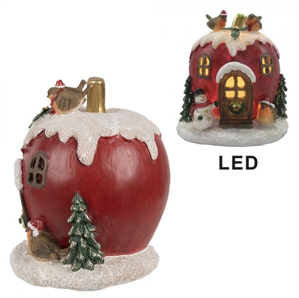 Vánoční dekorace s LED světlem červený domeček ve tvaru jablka se sněhulákem a ptáčky – 12x11x13 cm