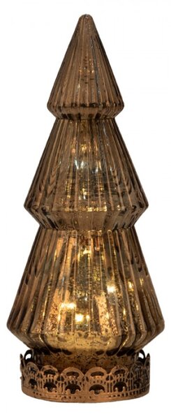 Hnědá skleněná vánoční dekorace s LED světlem vánoční stromeček s ozdobným podstavcem – 7x16 cm