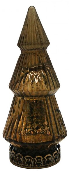 Hnědá skleněná vánoční dekorace s LED světlem vánoční stromeček s ozdobným podstavcem – 7x16 cm