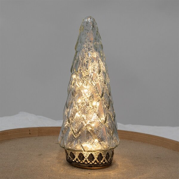 Stříbrná skleněná vánoční dekorace s LED světlem vánoční stromeček s ozdobným podstavcem Annuska – 11x24 cm