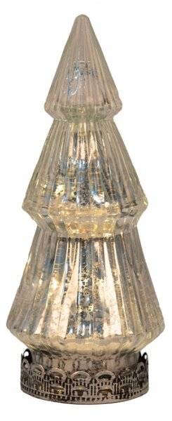 Stříbrná skleněná vánoční dekorace s LED světlem vánoční stromeček s vlnitým povrchem Mistique – 7x16 cm