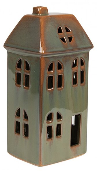 Vánoční dekorace s LED světlem zelený porcelánový domeček s okny a komínem – 7x6x15 cm