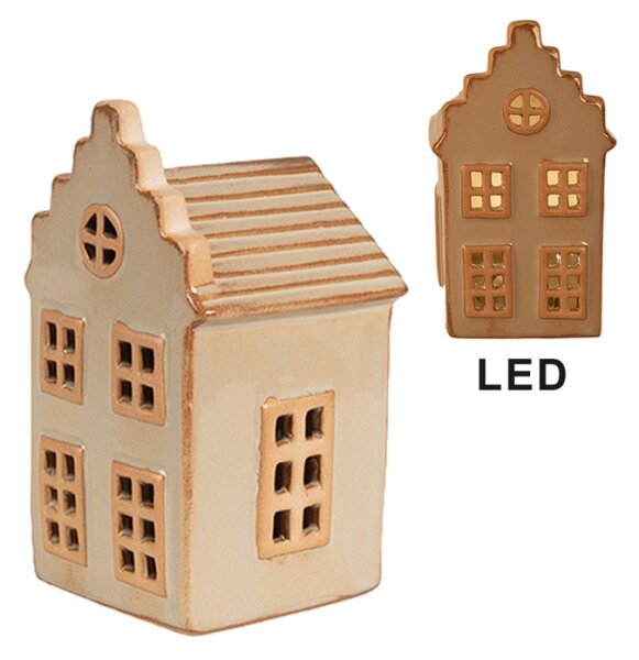 Vánoční dekorace s LED světlem béžový porcelánový domeček s pěti okny – 6x6x11 cm