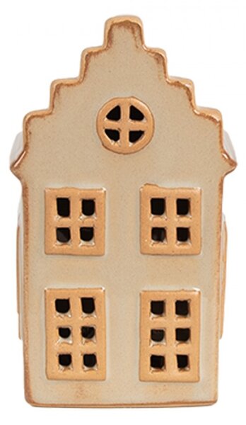 Vánoční dekorace s LED světlem béžový porcelánový domeček s pěti okny – 6x6x11 cm