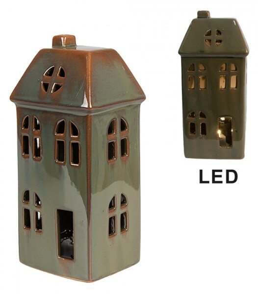 Vánoční dekorace s LED světlem zelený porcelánový domeček s okny a komínem – 7x6x15 cm