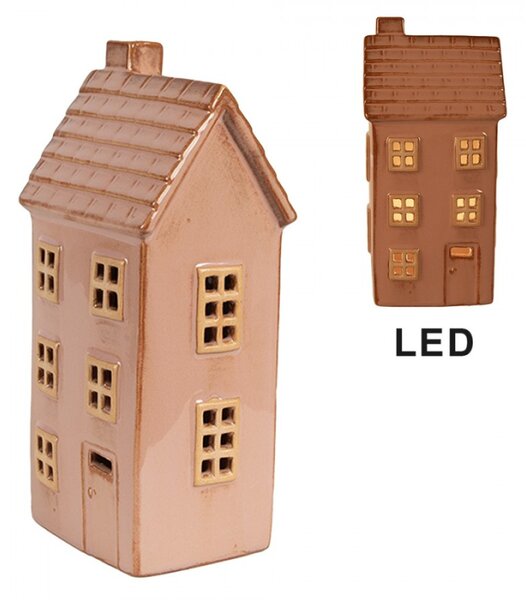 Vánoční dekorace s LED světlem hnědý porcelánový domeček s dvířky a vlnitou střechou – 8x6x17 cm