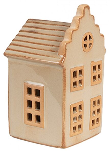 Vánoční dekorace s LED světlem béžový porcelánový domeček s pěti okny – 6x6x11 cm