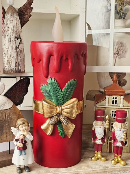 Vínová vánoční svíčka se zlatou mašlí Red Candle - 17*18*44 cm - Clayre & Eef