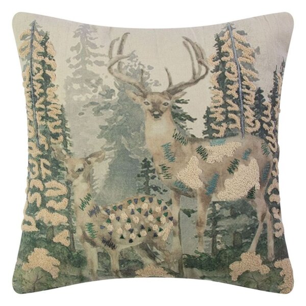 Béžový plátěný polštář jelen s vyšitými aplikacemi Deer Forest - 45*45 cm - Mars & More