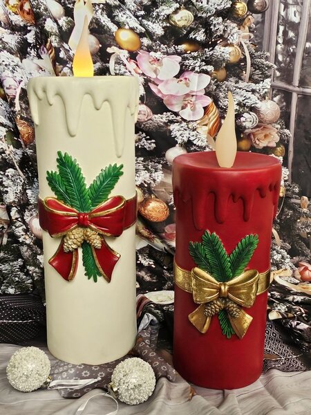 Vínová vánoční svíčka se zlatou mašlí Red Candle - 17*18*44 cm - Clayre & Eef