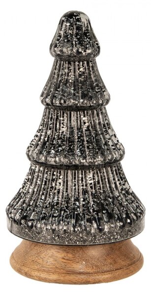 Černá skleněná vánoční dekorace stromeček na dřevěném podstavci s proužky a stříbrným zdobením Adelbert M – 13x24 cm