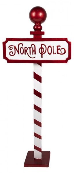 Červeno-bílá vánoční dekorace kovová značka s nápisem North Pole – 46x18x110 cm